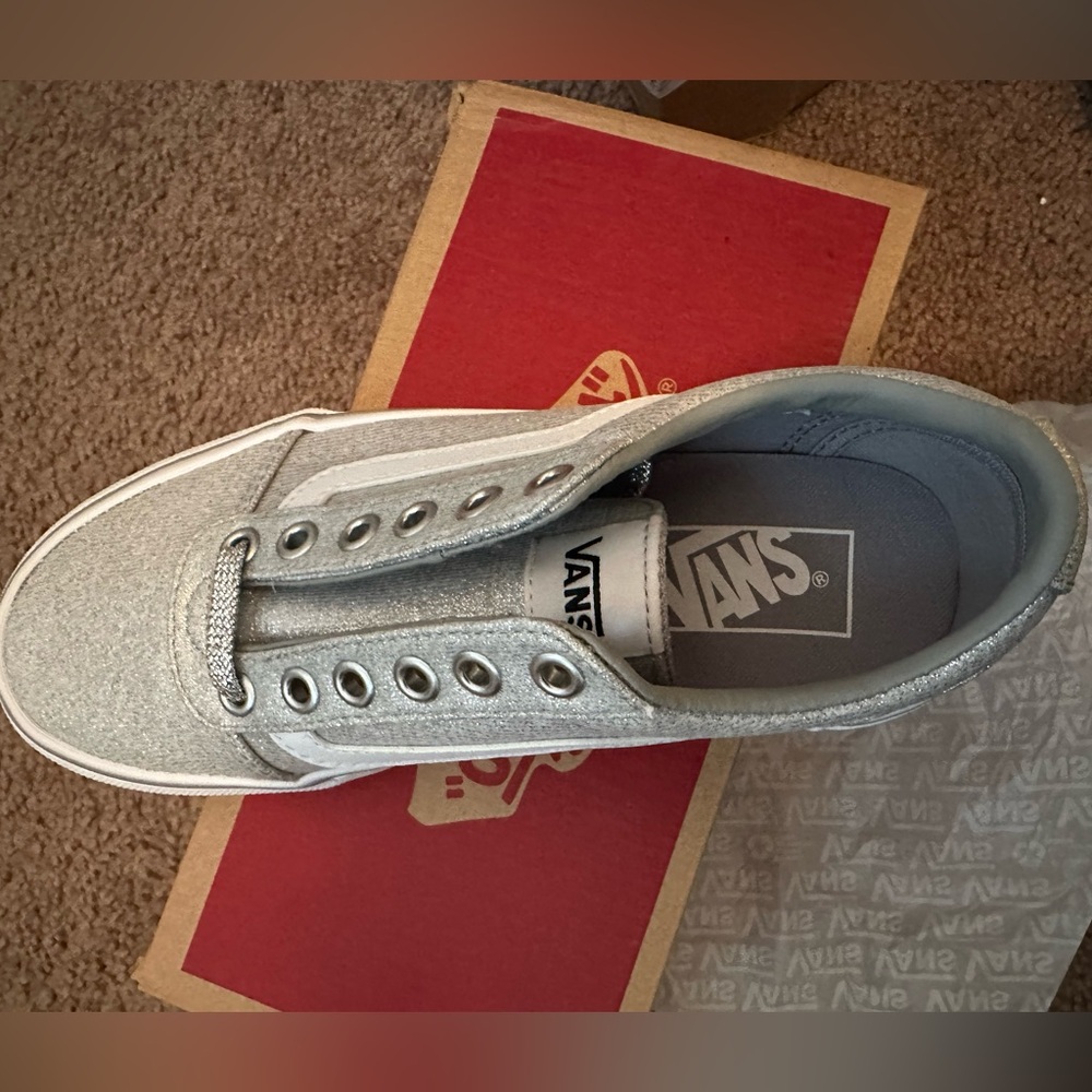 Vans women’s size 5.5 silver Lurex glitter shoes. New in box.